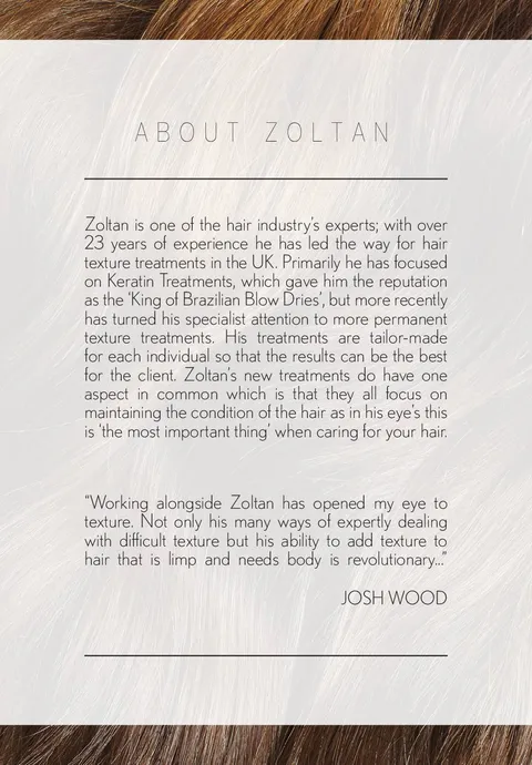 Brochure page: About Zoltan, with Josh Wood’s quote, on a pale hair-texture background