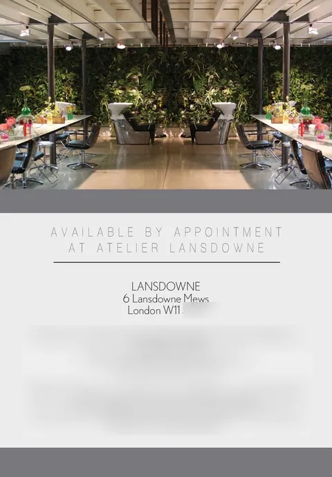Brochure page: By appointment at Atelier Lansdowne: the salon floor, and the address, with the booking details blurred