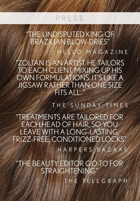 Brochure page: Press: HELLO!, The Sunday Times, Harper’s Bazaar and The Telegraph, over a hair-texture photo