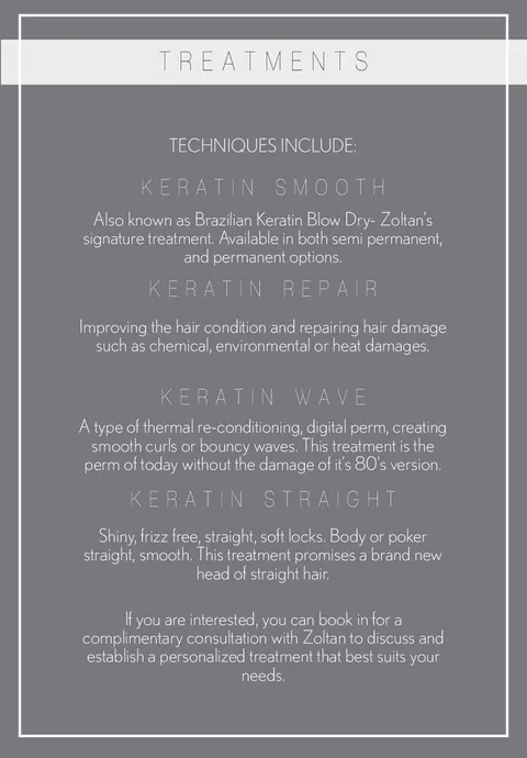 Brochure page: The techniques: Keratin Smooth, Keratin Repair, Keratin Wave and Keratin Straight