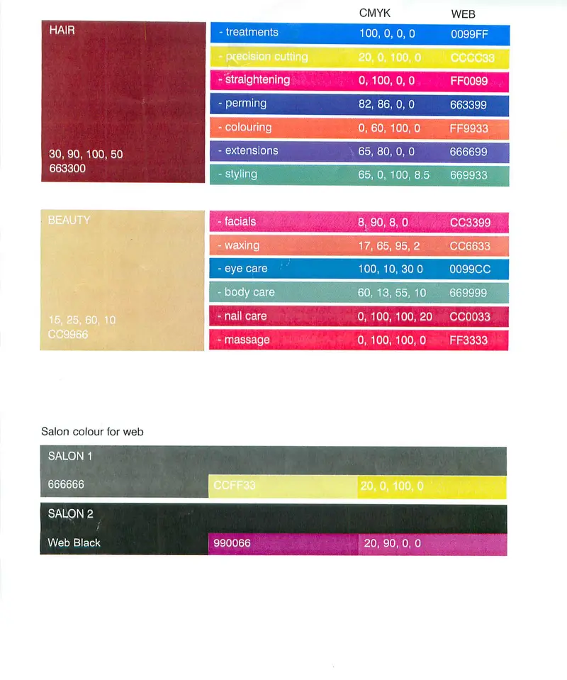 Compton colour sheet, 2010: hair, beauty and service colours with CMYK and web codes