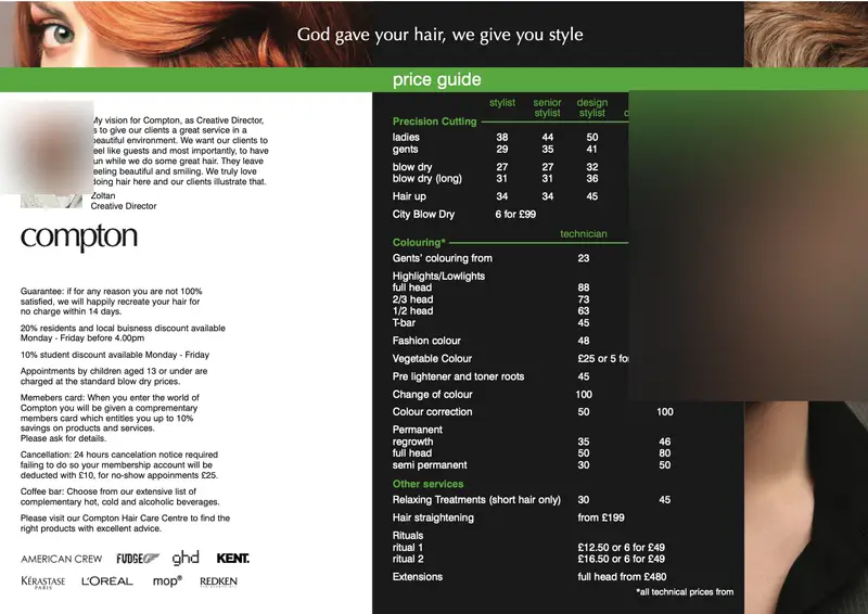 Price guide, page 1 of 2, faces blurred