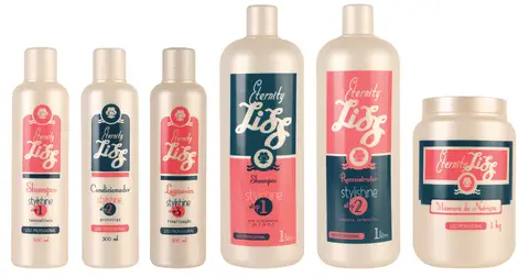 The Eternity Liss range: shampoo, conditioner, treatment and mask in pink-and-teal bottles