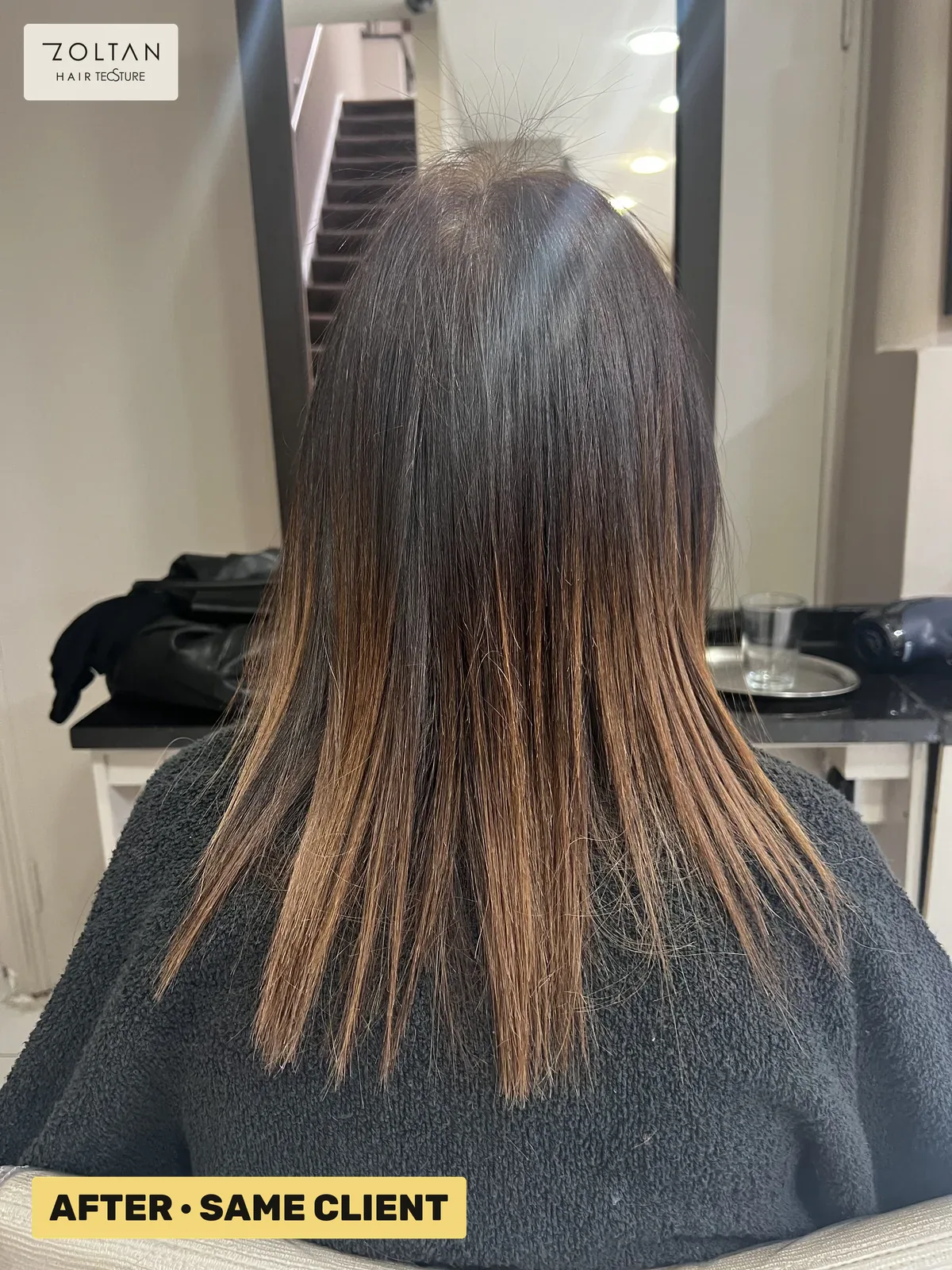 After: damaged, frizzy hair from another salon, then smooth after correction