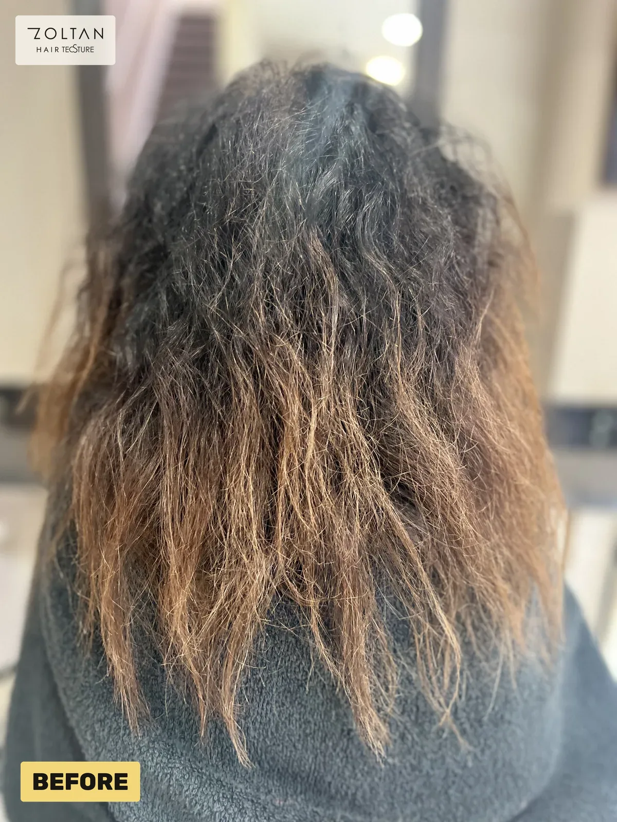 Before: damaged, frizzy hair from another salon, then smooth after correction