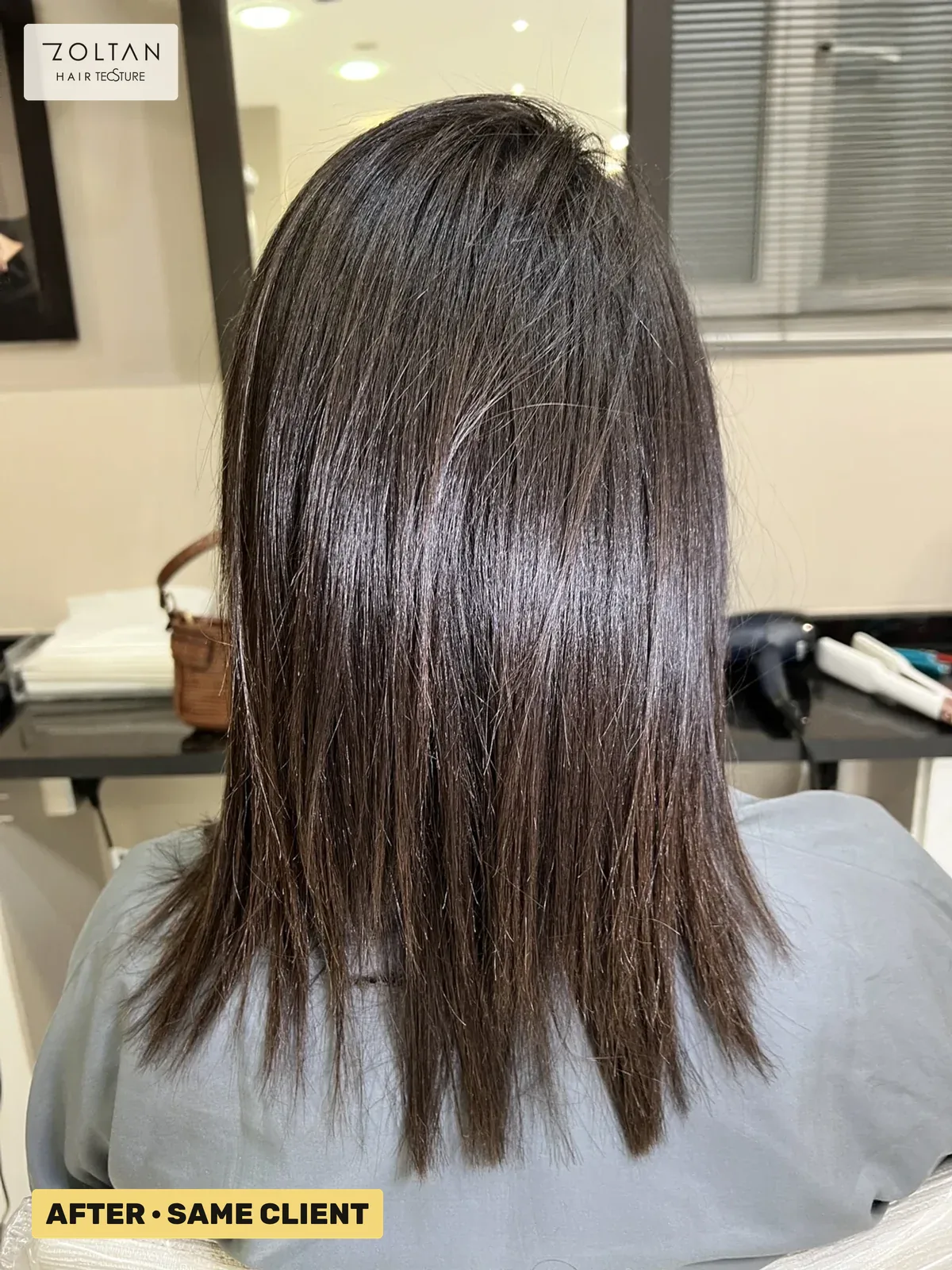 After: curly, frizzy hair, then smooth after Straightment Demi