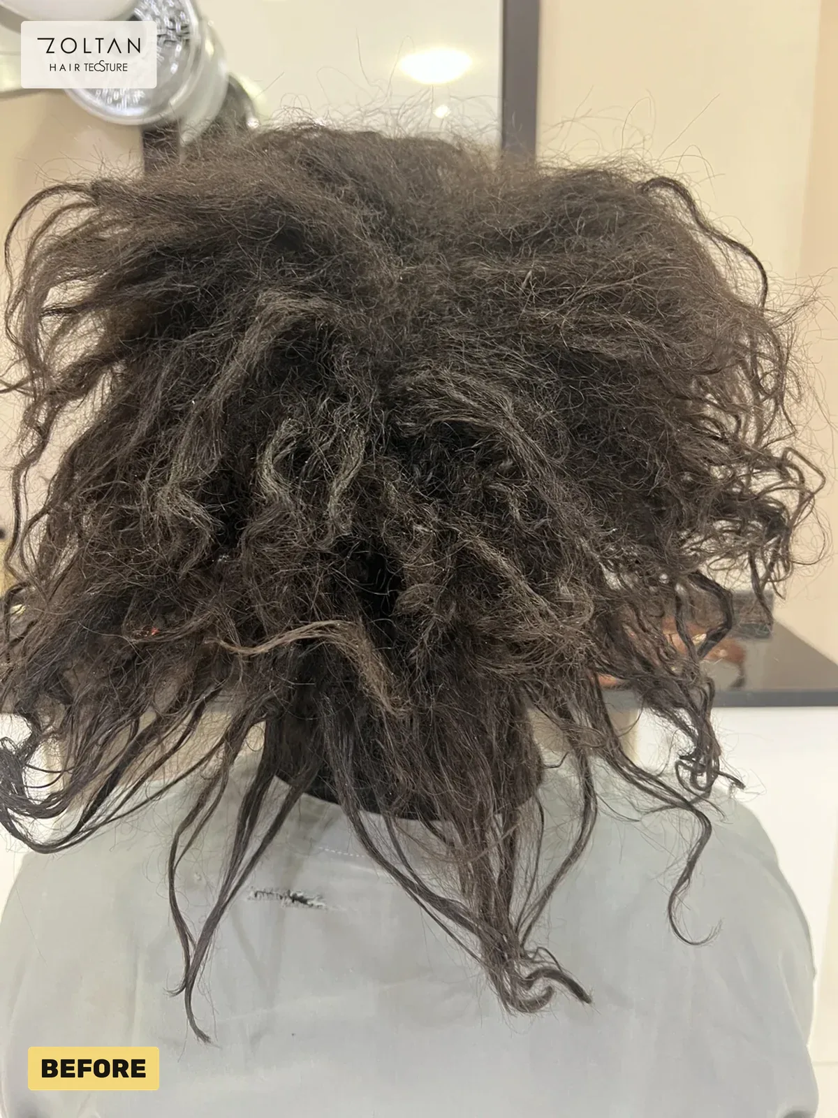 Before: curly, frizzy hair, then smooth after Straightment Demi