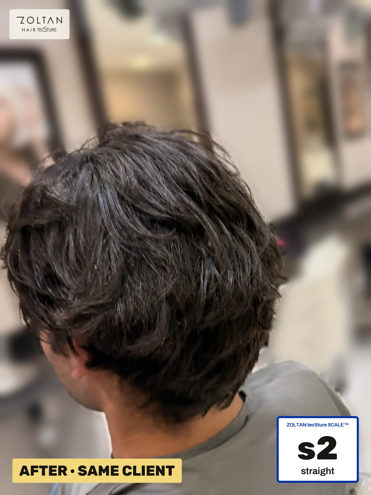 After: a man's curly hair from behind, then natural and calm after Straightment Demi