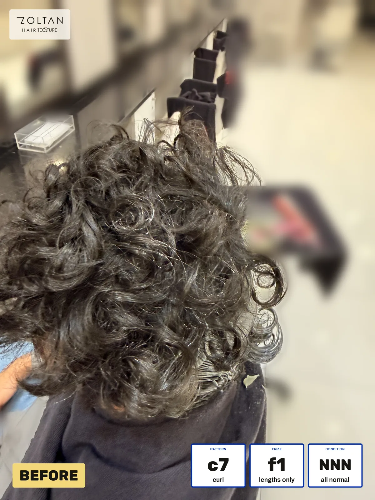 Before: a man's curly hair from behind, then natural and calm after Straightment Demi