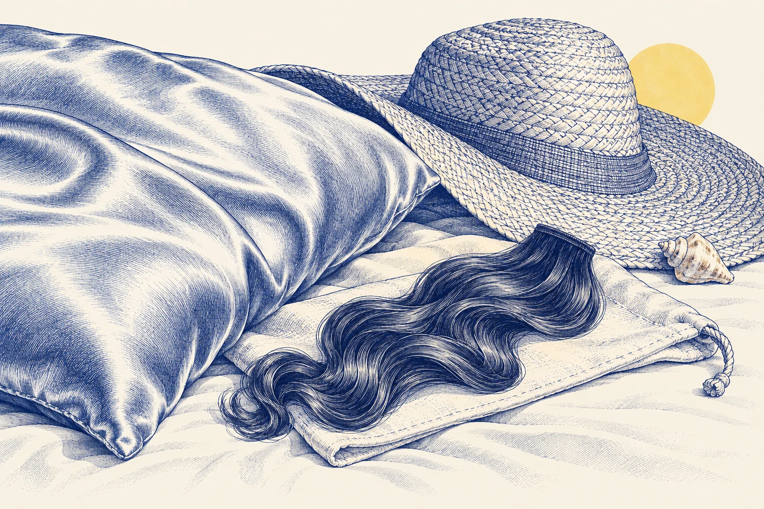 A silk pillowcase, a straw hat and a clip-in set on a pillow.