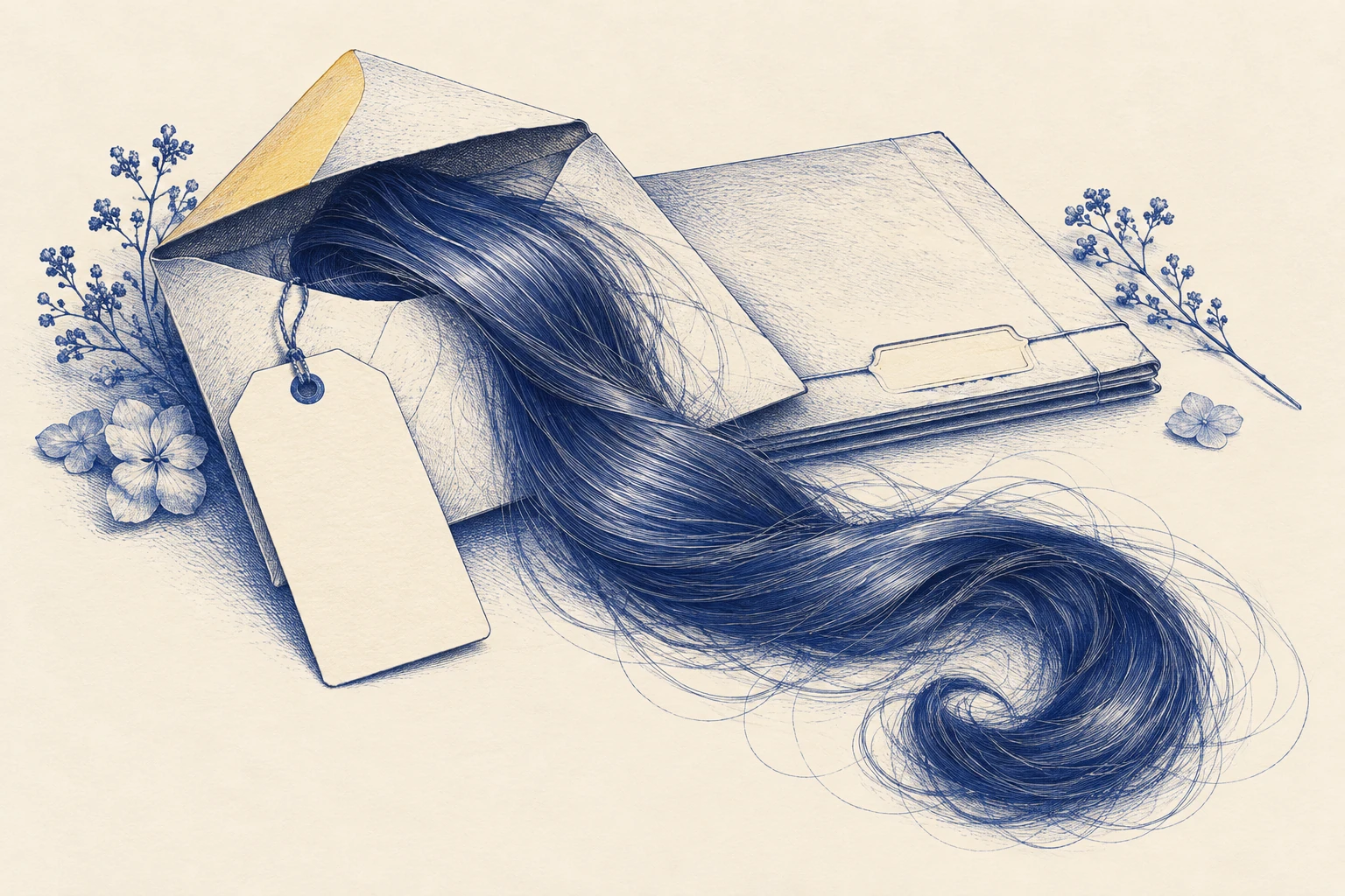Blue-ink engraving of a detached hair sample emerging from an envelope with a blank tag, representing an unknown treatment history.
