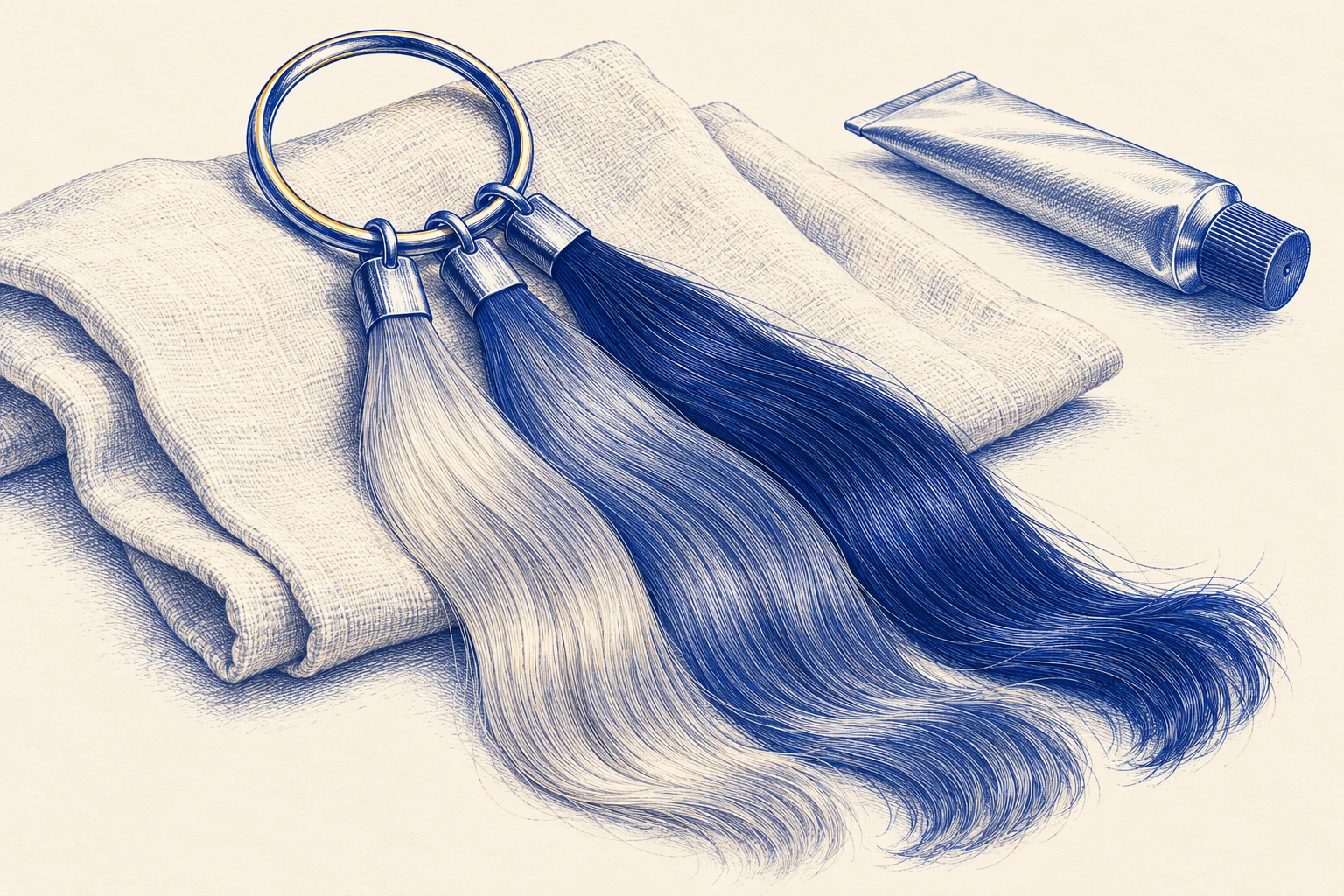 Three detached hair shade samples on a ring beside a closed colour tube, representing a considered colour choice.
