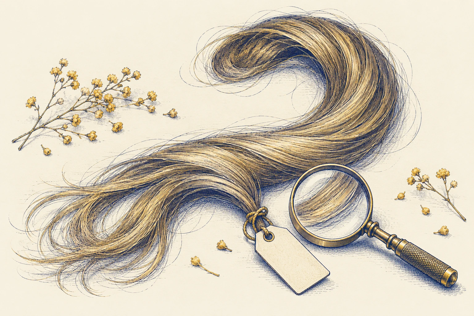 Detached hair sample, blank identification tag and magnifying lens in blue-ink editorial engraving.