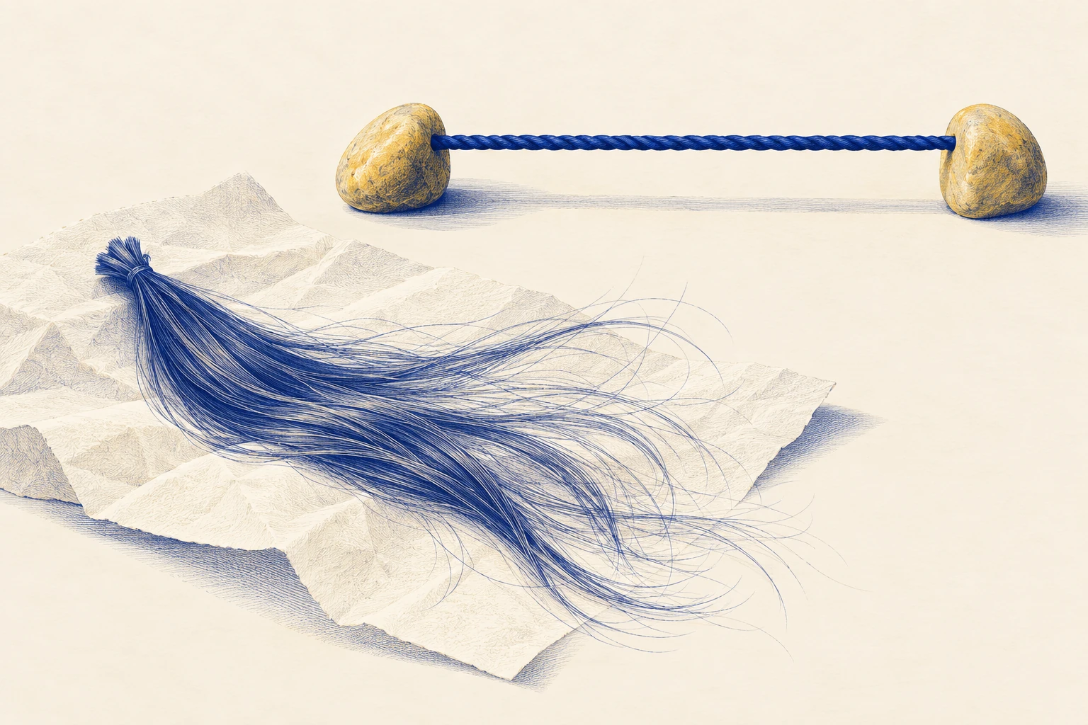 Loose hair sample on tissue beside a separate taut cord between paperweights, symbolising fragility and tension.