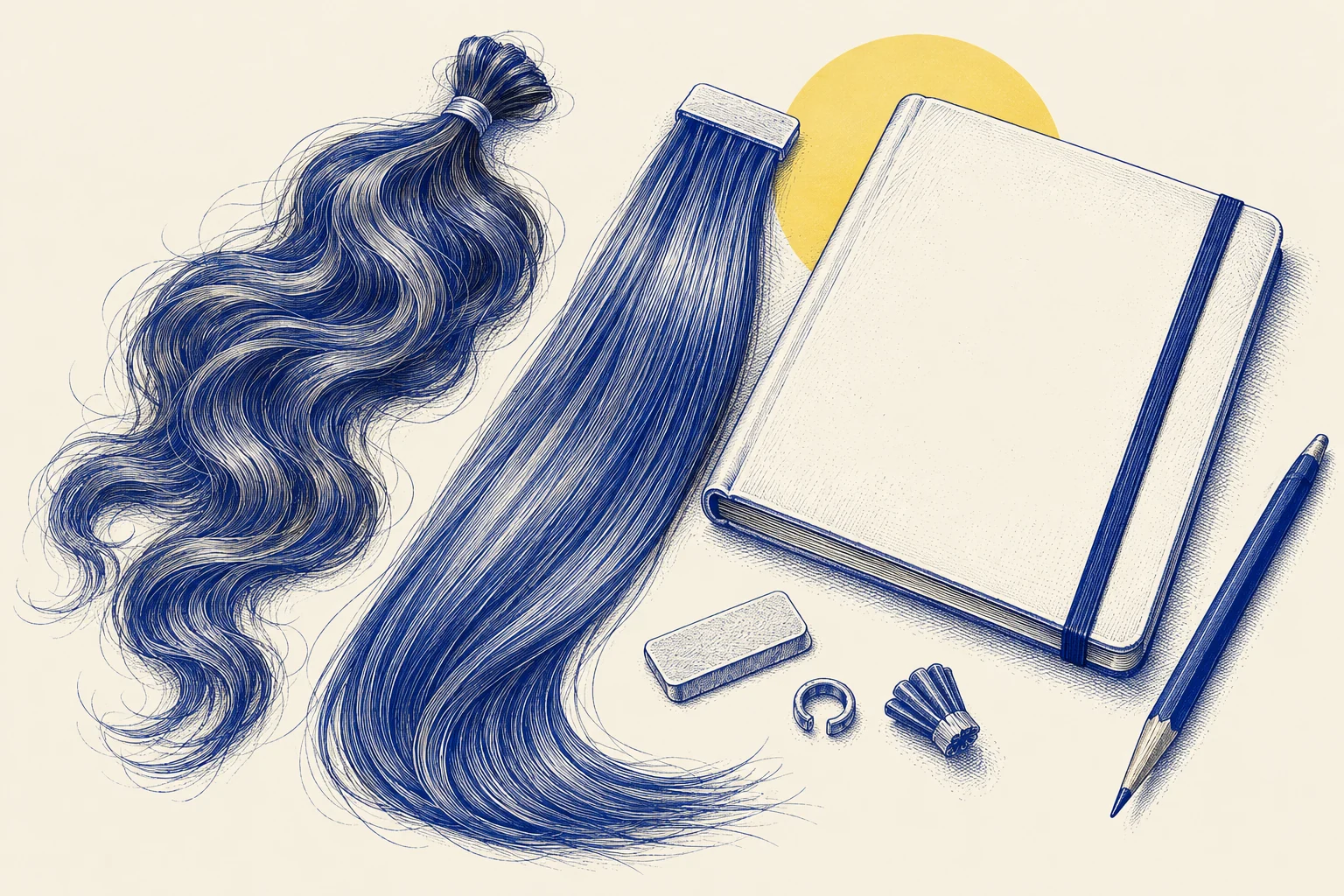 Blue ink illustration of two detached hair samples, small attachment objects and a blank consultation notebook.