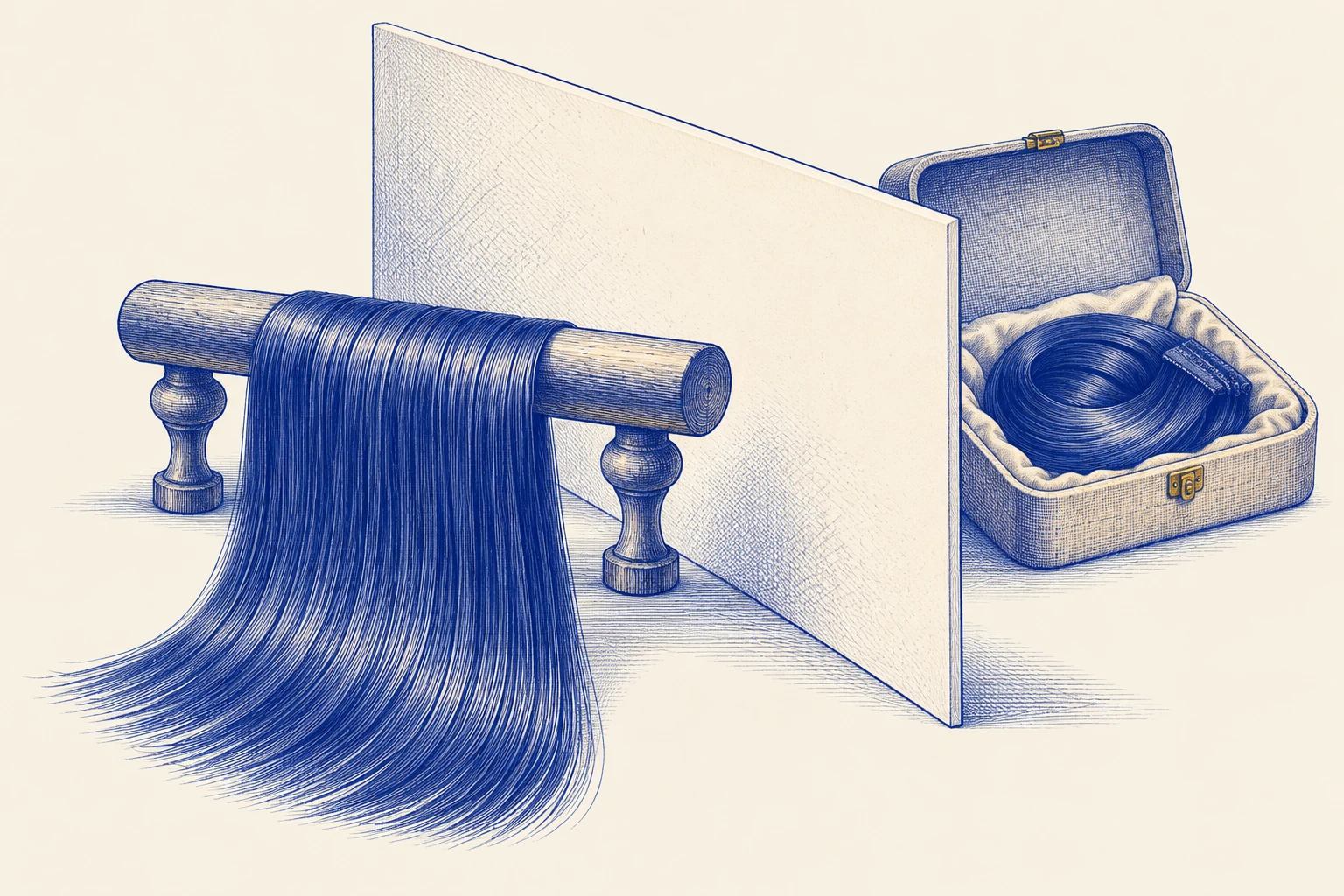 Detached straight hair sample and a stored removable hairpiece separated by a cream divider card.