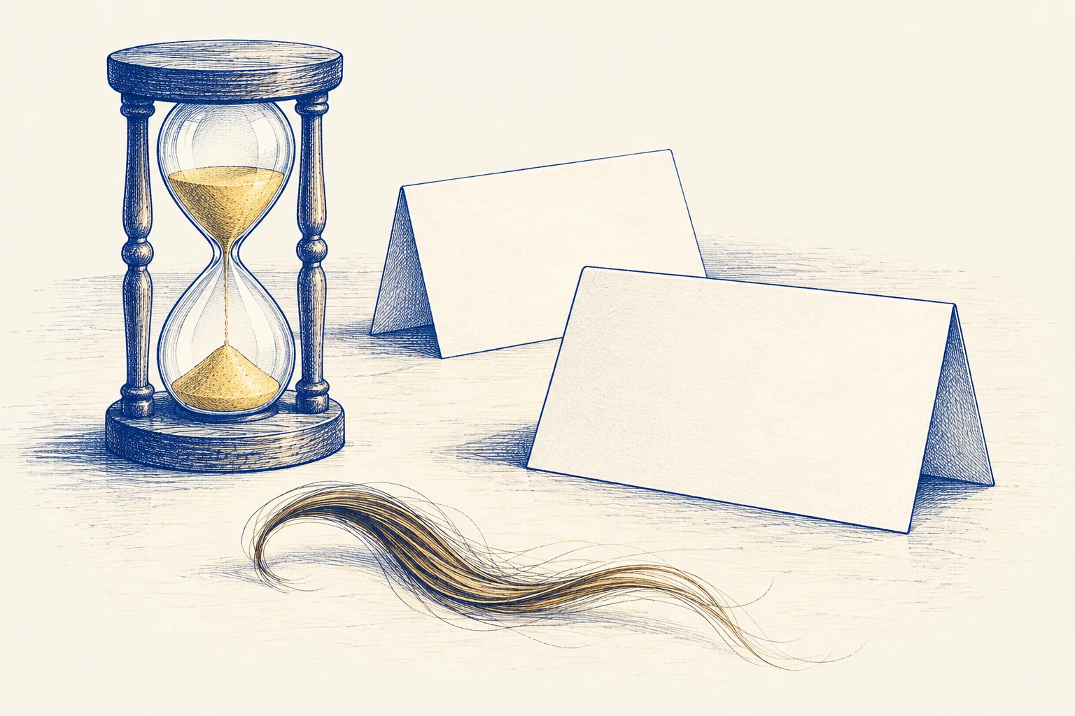 A symbolic hourglass, two blank appointment cards and a detached hair sample representing planning the service order.