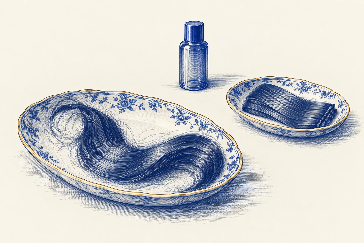 Two detached hair samples in separate dishes beside a closed bottle, symbolising separate treatment decisions.