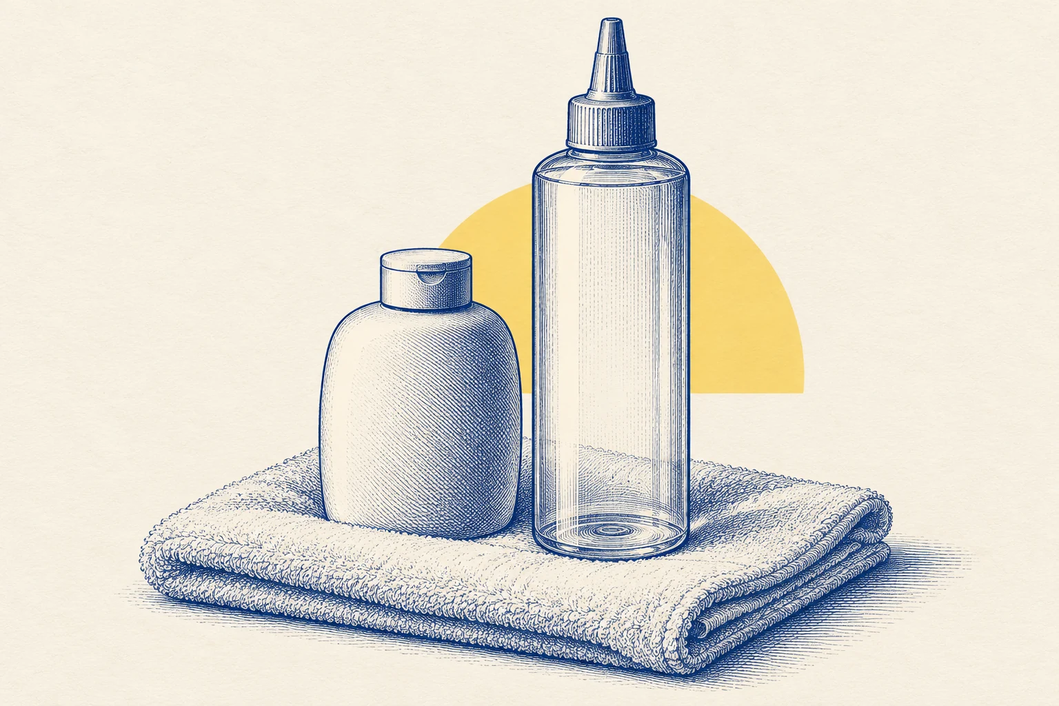 Two bottles and a towel: shampoo mixed with water in a separate bottle.