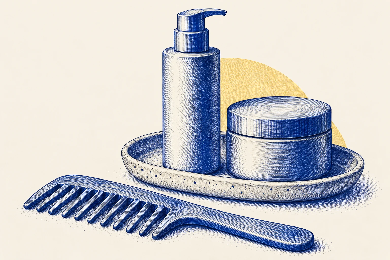 A pump bottle, a jar and a comb on a tray: two leave-on products is the limit.