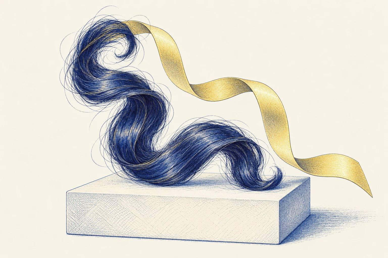 A detached sculptural curl and separate yellow ribbon echoing its wave shape on a cream plinth.