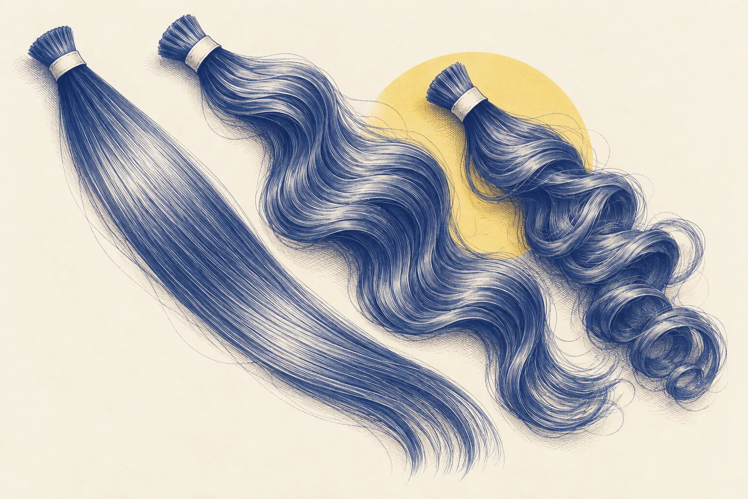 Blue ink illustration of three detached hair samples with straight, wavy and curled textures.