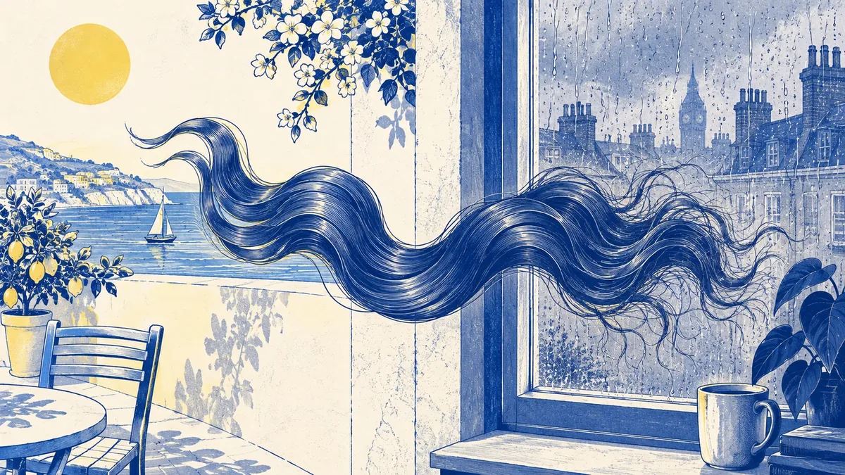 A length of wavy hair stretching from a sunny seaside terrace to a rainy city window.