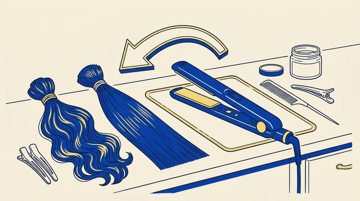 A straightening iron beside a smooth swatch and a naturally wavy swatch of hair.