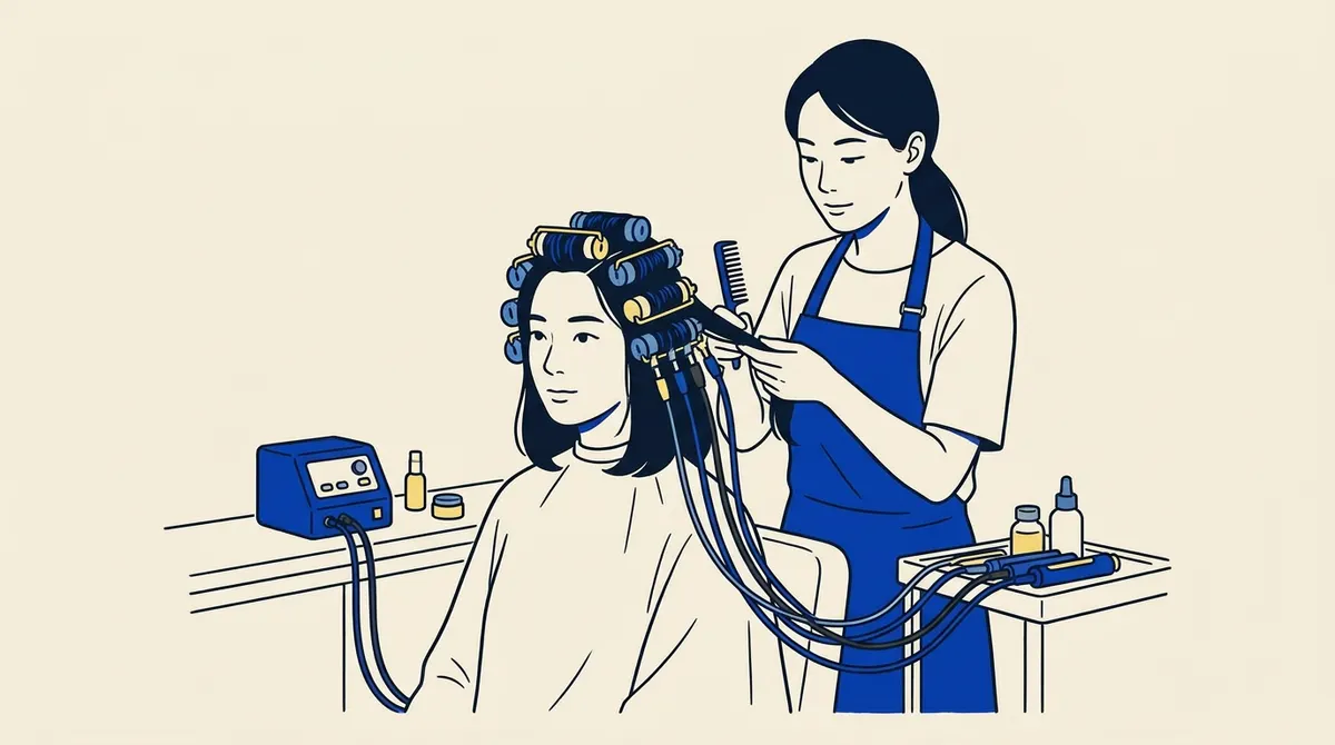 Hair set on heated rods connected by cables to a digital perm control unit.