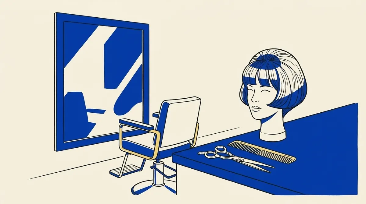 A sixties salon with a mirror, chair, cutting tools and a head with a sharp bob.