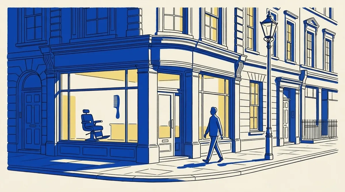 A Mayfair street corner with a quiet hairdressing shopfront.
