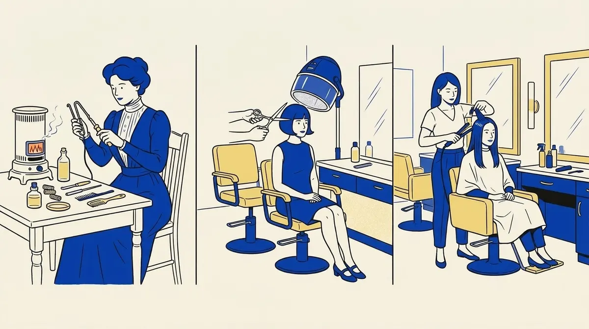Salon scenes from three periods side by side, showing how hairdressing changed.