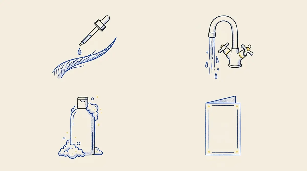 Four small drawings: a dropper, a running tap, a shampoo bottle and a folded card.