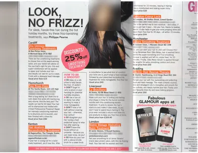 Glamour UK, May 2012: the page. Faces and phone numbers are blurred.