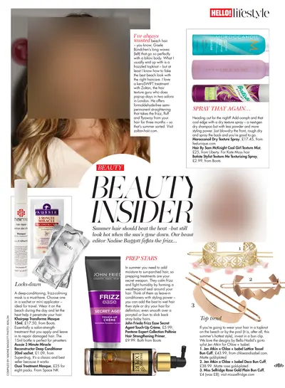 HELLO! UK, August 2017: the page. Faces and phone numbers are blurred.