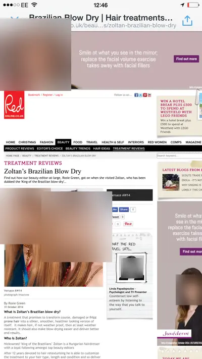 Red online, October 2014: the page. Faces and phone numbers are blurred.