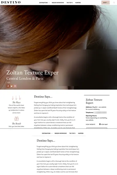 Destino, December 2021: the page. Faces and phone numbers are blurred.