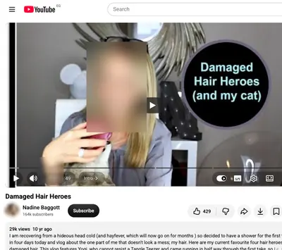 Nadine Baggott, YouTube: the page. Faces and phone numbers are blurred.