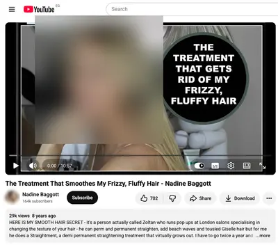 Nadine Baggott, YouTube: the page. Faces and phone numbers are blurred.