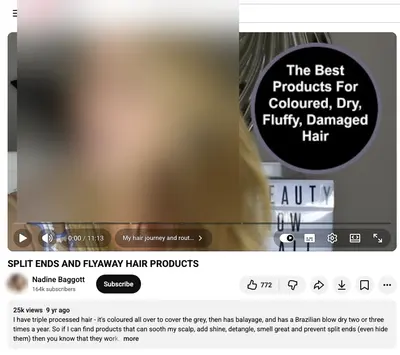 Nadine Baggott, YouTube: the page. Faces and phone numbers are blurred.