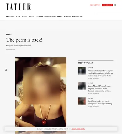 Tatler online, October 2016: the page. Faces and phone numbers are blurred.