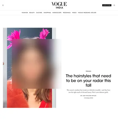 Vogue India, October 2018: the page. Faces and phone numbers are blurred.