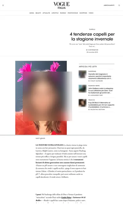 Vogue Italia, November 2018: the page. Faces and phone numbers are blurred.